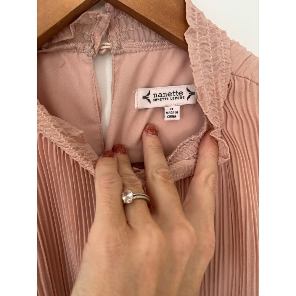 Nanette Lepore Women’s Blush Pink Pleated Midi Dress Ruffle Neck Romantic Sz 8 - Picture 4 of 4